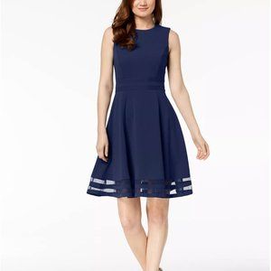 NWT Calvin Klein Navy Crew Neck Sleeveless Illusion Hem Crepe Fit & Flare Dress